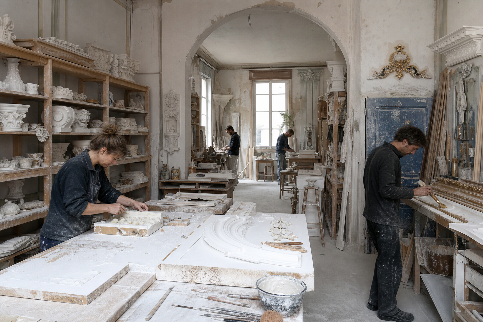 Artisan sculptant une moulure en plâtre