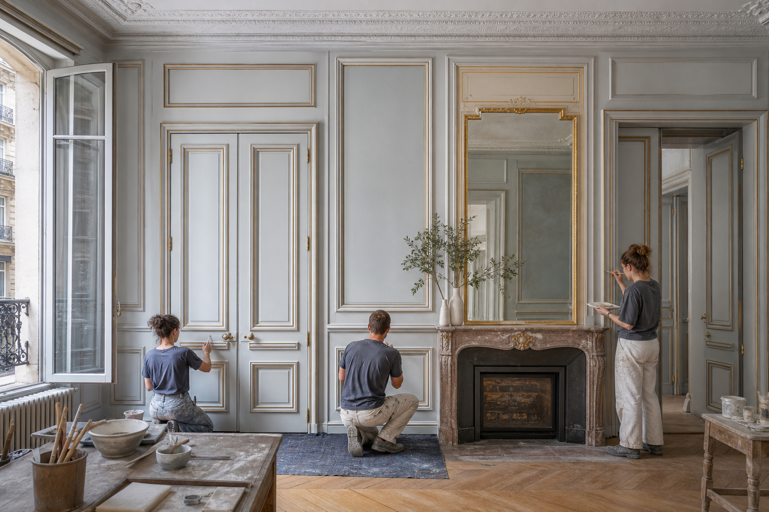 Salon avec boiseries murales et parquet à chevrons