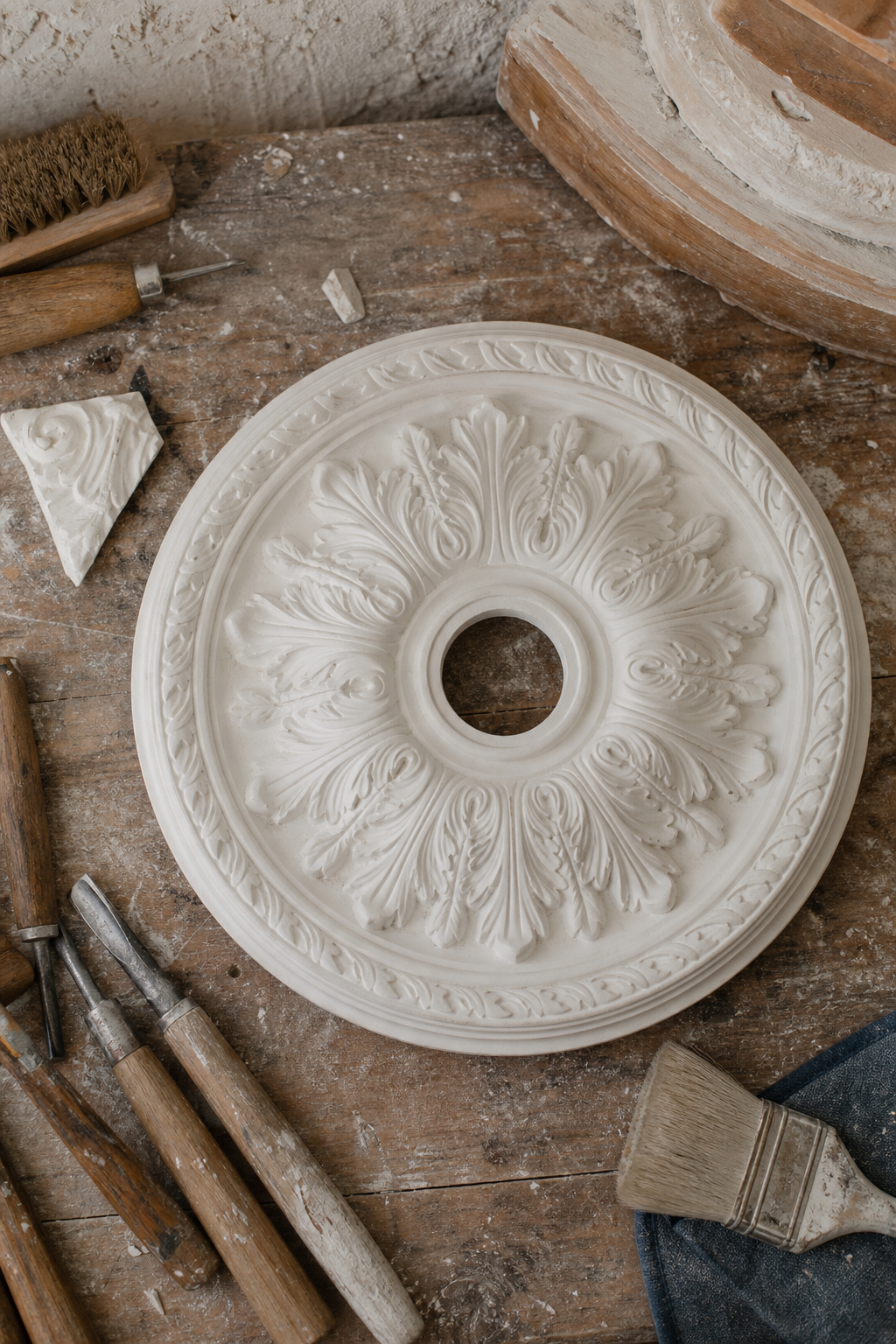 Rosace de plafond ornementale avec lustre